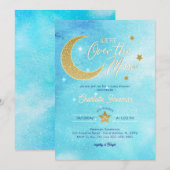 Over the Moon Boy Baby shower Invitation - Blauw Kaart (Voorkant / Achterkant)
