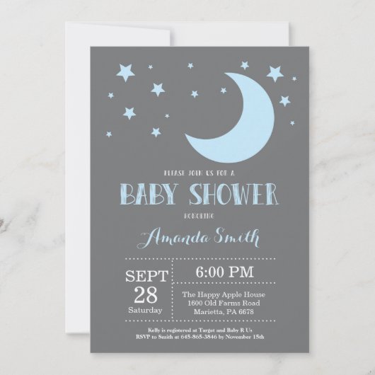 Over the Moon Boy Baby shower Invitation Blue Kaart (Voorkant)