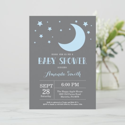 Over the Moon Boy Baby shower Invitation Blue Kaart (Staand voorkant)