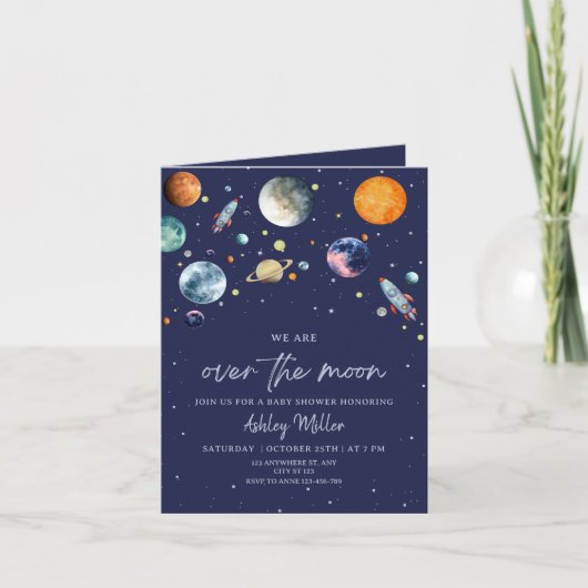 Over The Moon Boy Baby Shower Invite, Outer Space (Voorkant)