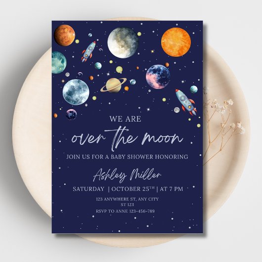 Over The Moon Boy Baby Shower Invite, Outer Space Folie Uitnodiging