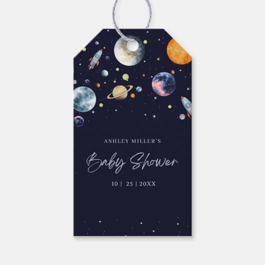 Over The Moon Boy Baby Shower Invite, Space Galaxy Cadeaulabel (Voorkant)