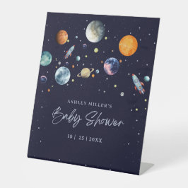 Over The Moon Boy Baby Shower Invite, Space Galaxy Reclamebord Met Voetstuk