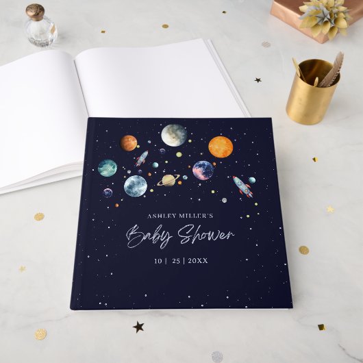 Over The Moon Boy Baby Shower Party Space Galaxy Gastenboek (Voorkant open)