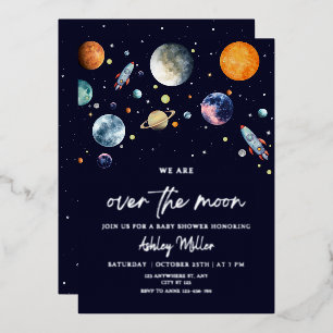 Over The Moon Boy Baby Shower Uitnodiging, Ruimte Folie Uitnodiging