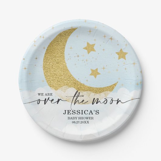 Over The Moon Boy Blue Baby shower papieren Borden Papieren Bordje (Voorkant)