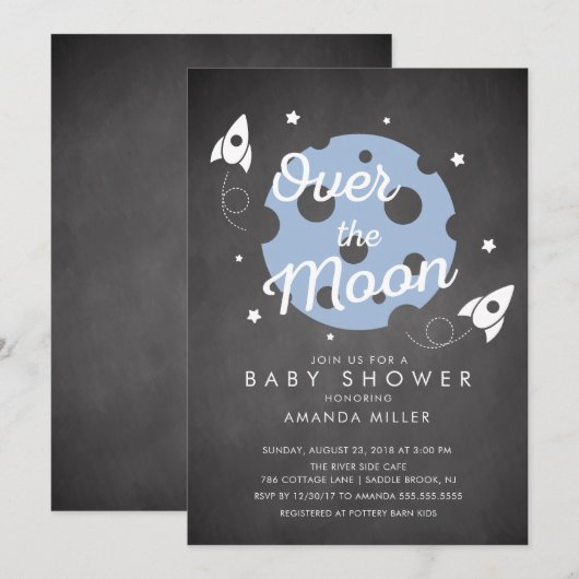 Over the Moon Boys Baby shower Invitation Kaart (Voorkant / Achterkant)