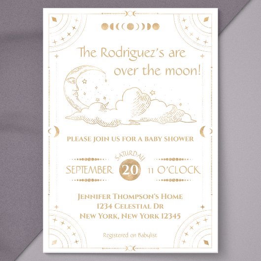 "Over the Moon" Celestial Moon & Stars Baby shower Kaart