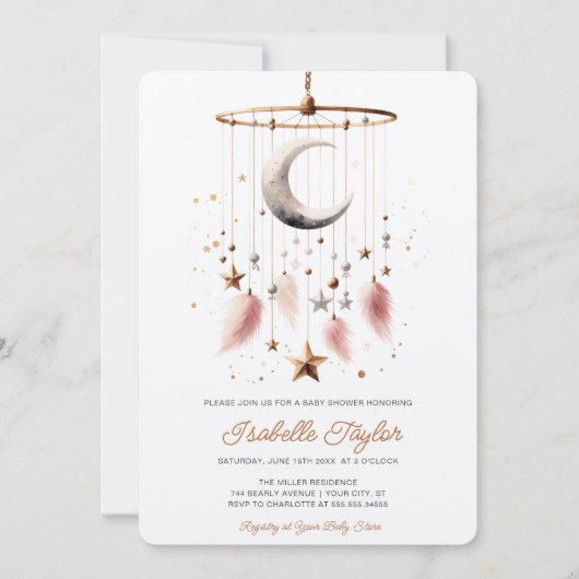 Over the Moon Celestial Roze Meisje Baby shower Ch Kaart (Voorkant)