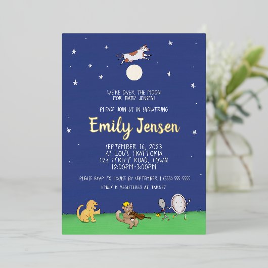 Over the Moon Custom Folie Baby shower Invitation Folie Uitnodiging (Staand Voorkant)