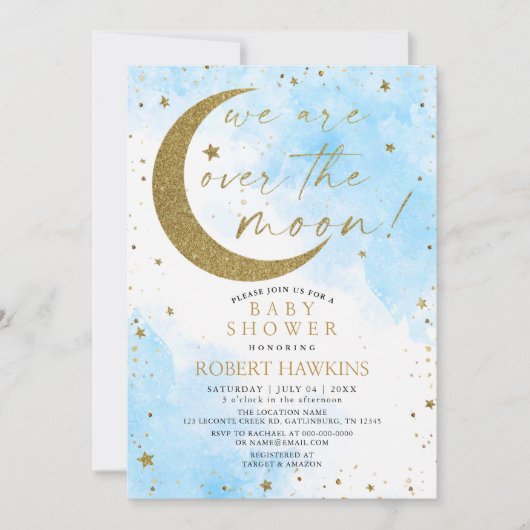 Over the Moon Dreamy Boy Baby shower Invitation Kaart (Voorkant)