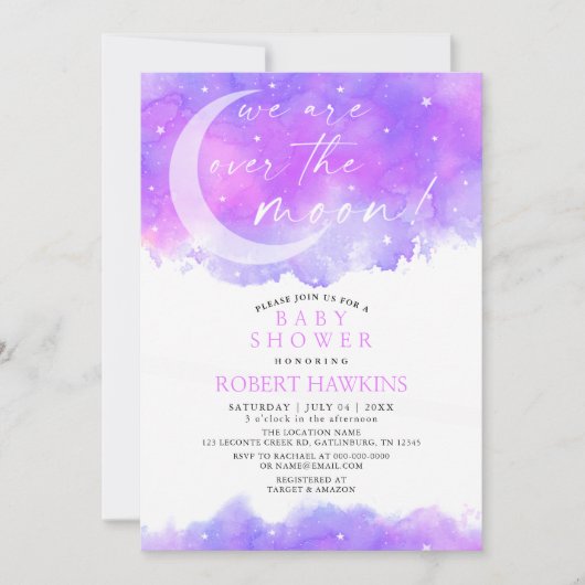 Over the Moon Dreamy Girl Baby shower Invitation Kaart (Voorkant)
