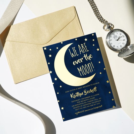 Over The Moon | Echte babyshower Folie Uitnodiging