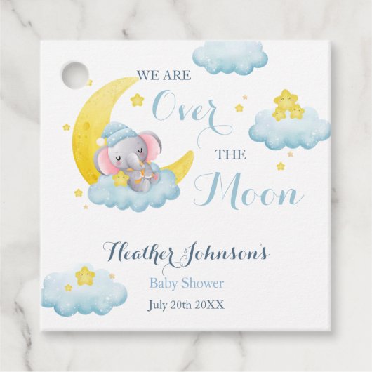 Over the Moon Elephant Boy Baby shower Bedankjes Labels (Voorkant)