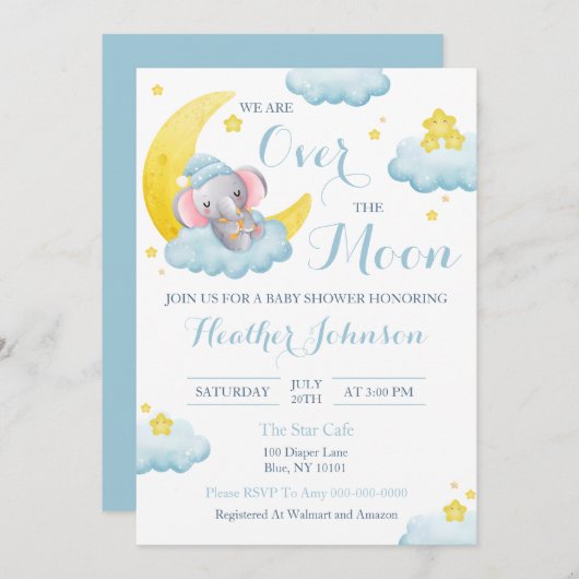 Over the Moon Elephant Boy Baby shower Kaart (Voorkant / Achterkant)