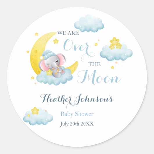 Over the Moon Elephant Boy Baby shower Ronde Sticker (Voorkant)