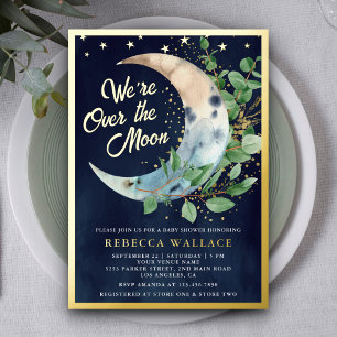 Over The Moon Eucalyptus Baby Shower Navy Goud Folie Uitnodiging