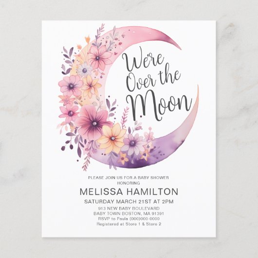Over the Moon Floral Baby shower Budget Invitation (Voorkant)