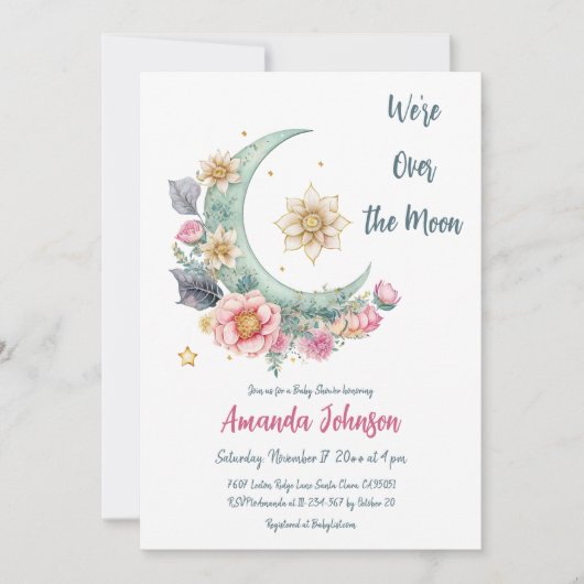 Over the Moon Floral Baby shower Kaart (Voorkant)