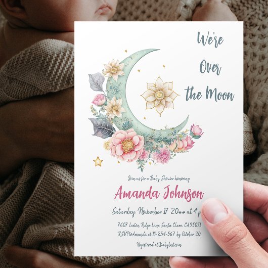 Over the Moon Floral Baby shower Kaart