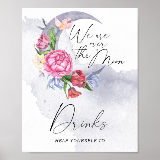 Over the Moon Flowers Baby shower Drinken Poster (Voorkant)