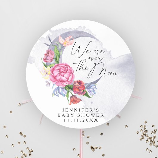 Over the moon Flowers baby shower Ronde Sticker