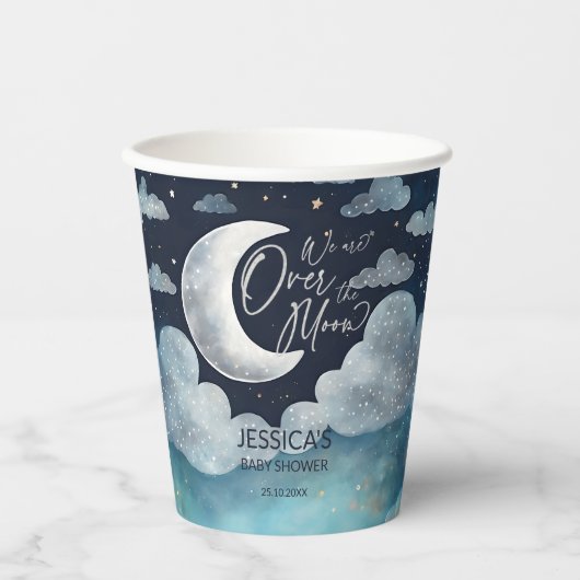 Over the moon galaxy baby shower monogram papieren bekers (Voorkant)