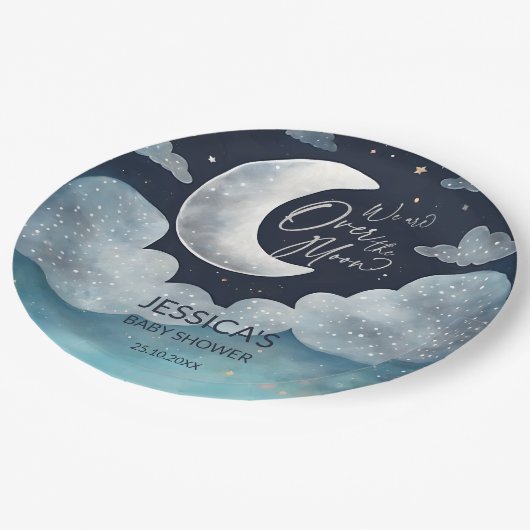 Over the moon galaxy baby shower monogram papieren bordje (Gekanteld)
