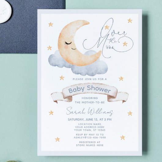 Over the Moon Gender Neutral Script Baby shower Kaart