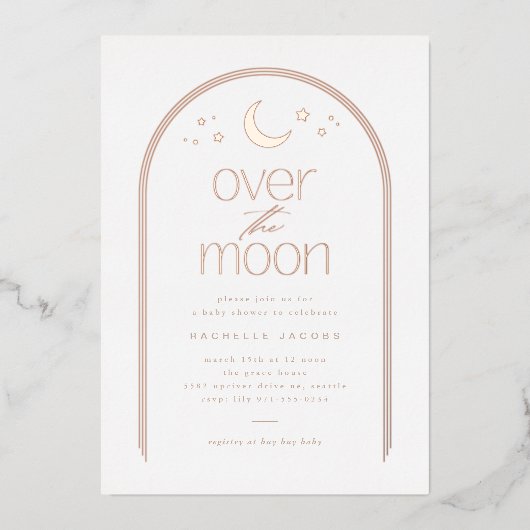 Over the Moon Geslachtsneutraal Baby shower Roos G Folie Uitnodiging (Voorkant)