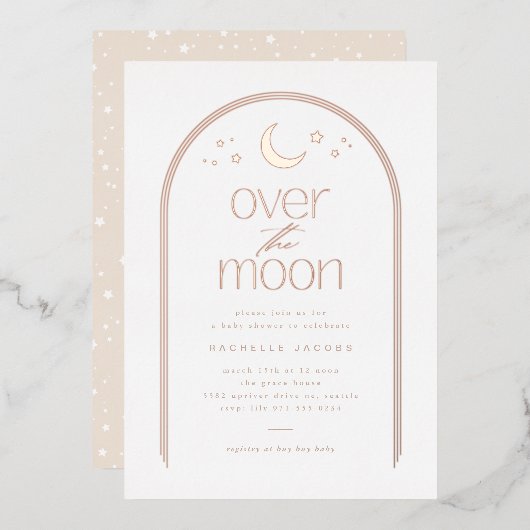 Over the Moon Geslachtsneutraal Baby shower Roos G Folie Uitnodiging (Voorkant / Achterkant)