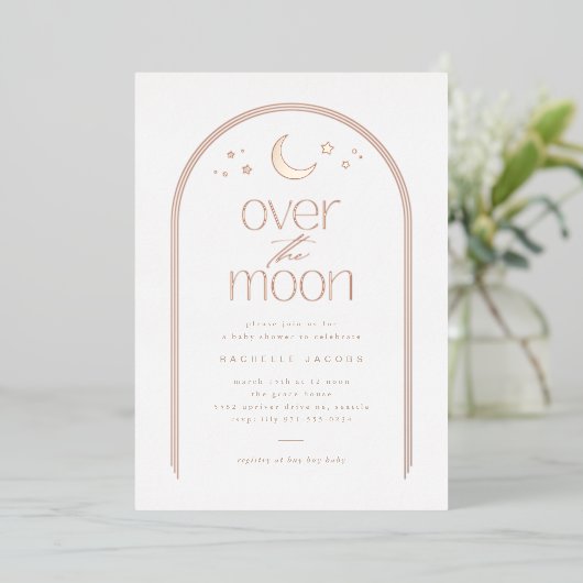 Over the Moon Geslachtsneutraal Baby shower Roos G Folie Uitnodiging (Staand Voorkant)