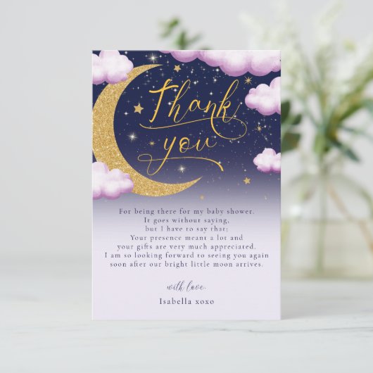 Over the Moon Girl Baby shower Dank je Bedankkaart (Staand voorkant)