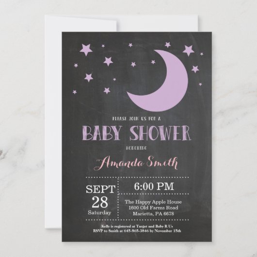 Over the Moon Girl Baby shower Invitation Paarse Kaart (Voorkant)