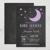 Over the Moon Girl Baby shower Invitation Paarse Kaart (Voorkant / Achterkant)