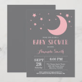 Over the Moon Girl Baby shower Invitation Roze Kaart (Voorkant / Achterkant)
