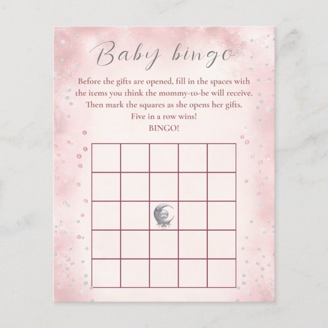 Over the Moon Girl Baby shower spel Baby Bingo (Voorkant)
