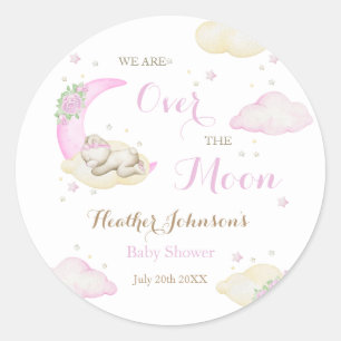 Over The Moon Girl Bear Baby Shower Ronde Sticker