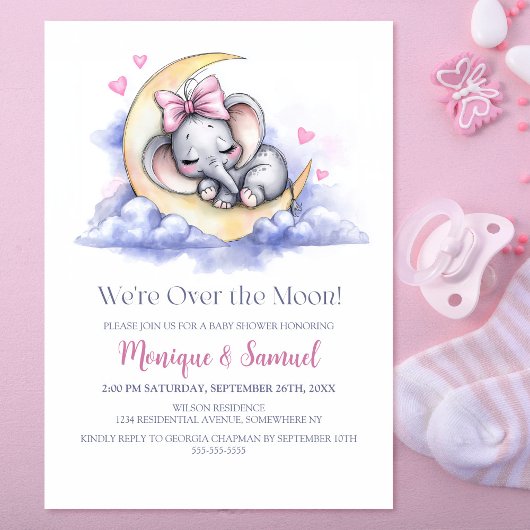Over the Moon Girl Elephant Baby Shower Kaart
