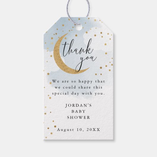 Over the Moon Glitter, Blue Thank You Baby shower Cadeaulabel (Voorkant)