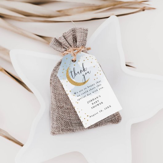 Over the Moon Glitter, Blue Thank You Baby shower Cadeaulabel