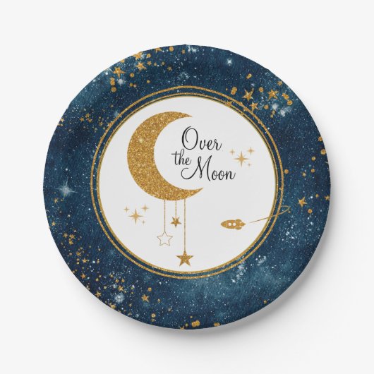 Over the Moon Glittery Stars Baby shower Papieren Bordje (Voorkant)