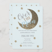Over the Moon Gold Blue Baby shower Kaart (Voorkant / Achterkant)
