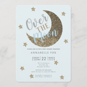 Over the Moon Gold Blue Baby shower Kaart