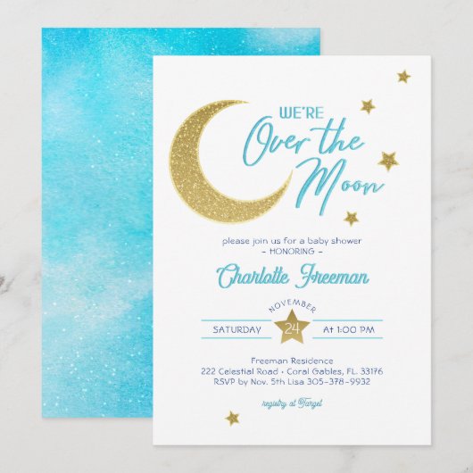 Over the Moon Gold Moon Stars Baby shower Uitnodig Kaart (Voorkant / Achterkant)