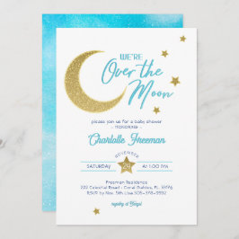 Over the Moon Gold Moon Stars Baby shower Uitnodig Kaart