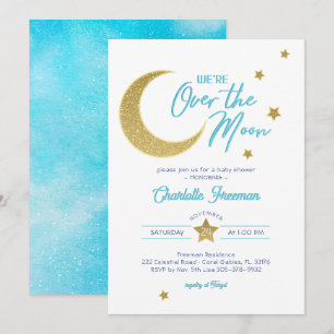 Over the Moon Gold Moon Stars Baby shower Uitnodig Kaart