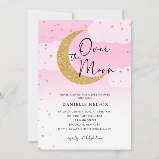 Over the Moon Gold Stars Baby shower Roze Kaart (Voorkant)