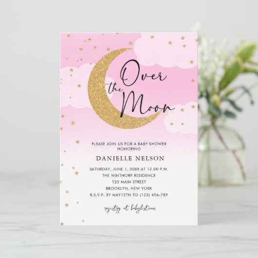Over the Moon Gold Stars Baby shower Roze Kaart (Staand voorkant)