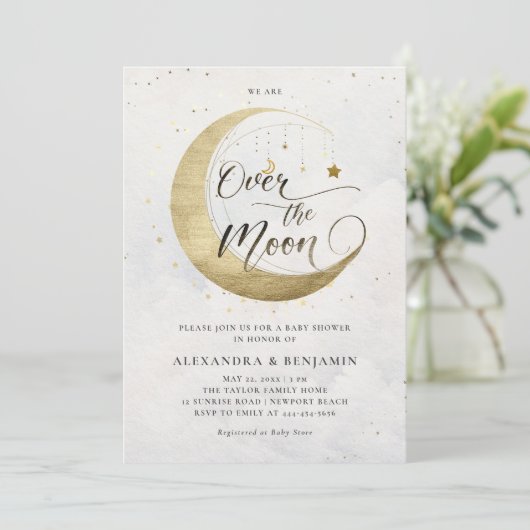 Over the Moon Gold White Dreamy Sky Baby shower Kaart (Staand voorkant)